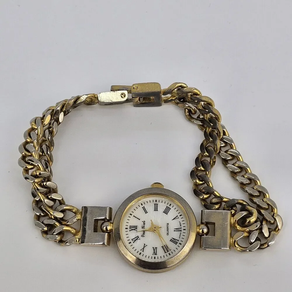 VTG Pierre Nicol Women‎ Watch 22MM Cream Dial Gold Chain Bands 6